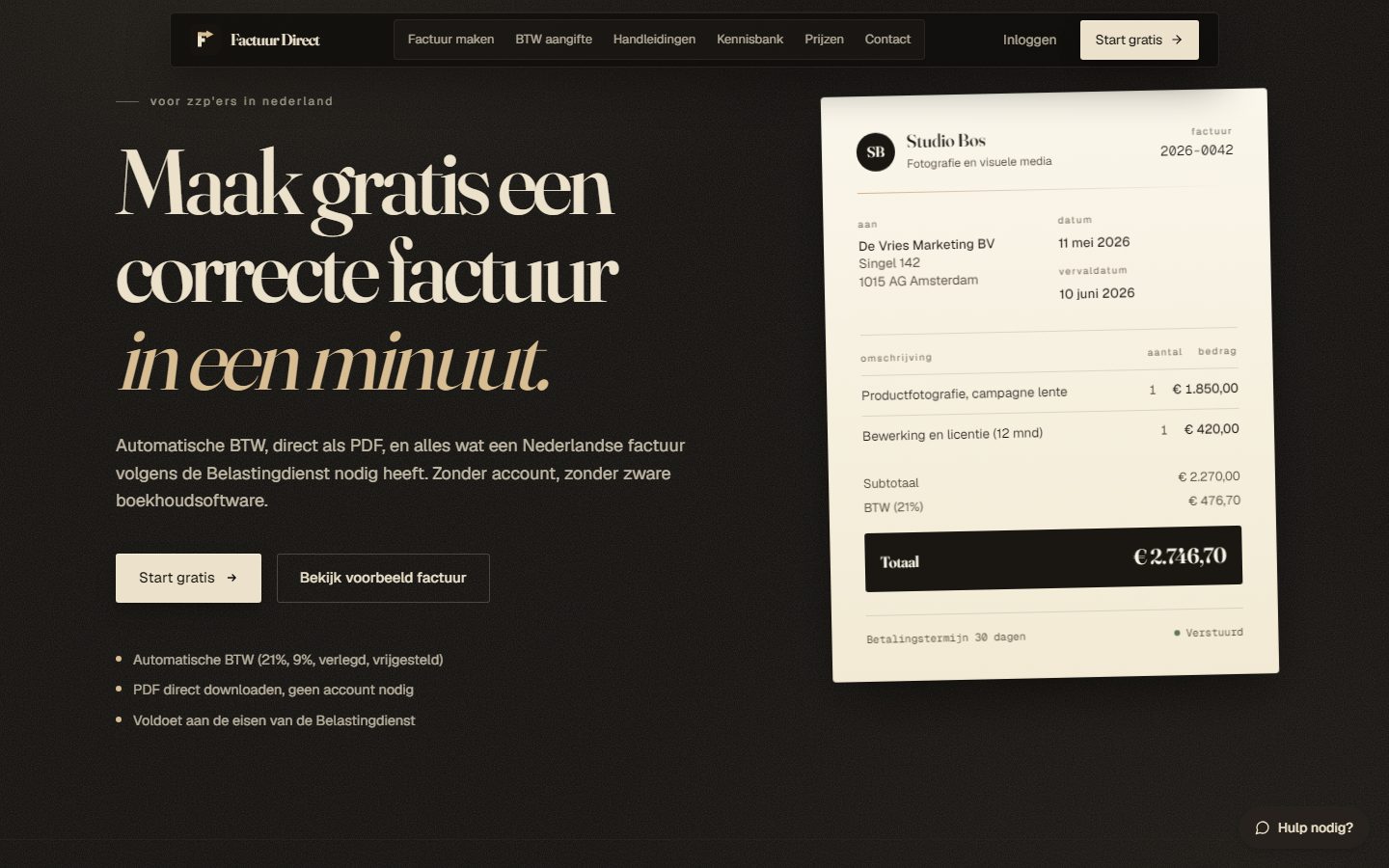 Factuur Direct homepage: Dutch invoicing SaaS for freelancers