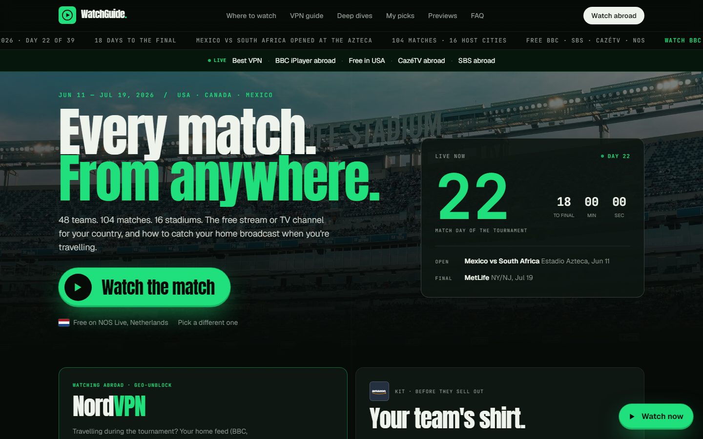 WC26 Watch homepage: dark sports interface with match countdown and streaming guide